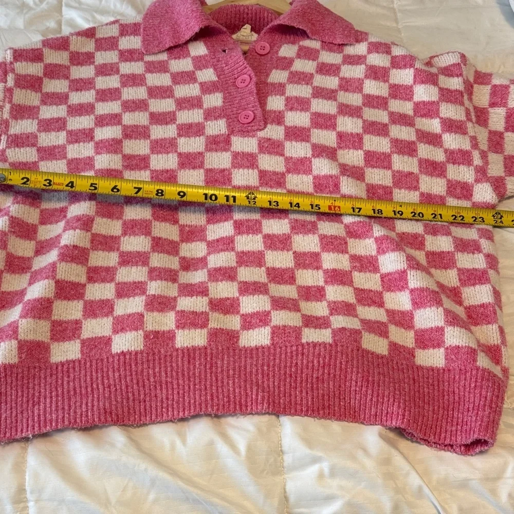 BiBi Pink and White Checkered V-Neck Button-Collar Sweater
